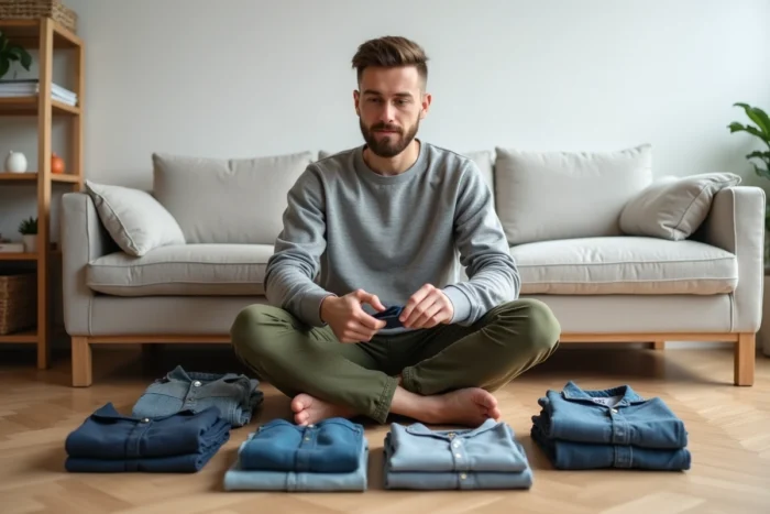 Homme triant des vêtements par catégories sur un parquet en bois dans un appartement minimaliste, processus de renouvellement de garde-robe