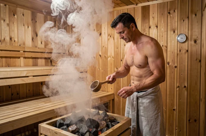 Homme versant de l'eau sur des pierres chaudes dans un sauna, créant une vapeur naturelle dans un espace en bois rustique