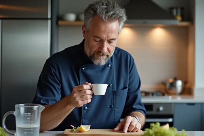 Homme en chemise de chef vérifiant la graduation de 60 ml sur un verre doseur à hauteur des yeux dans une cuisine moderne