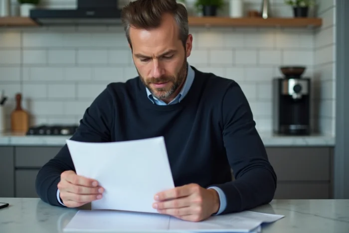 Homme triant des courriers administratifs dont une lettre officielle de Paris 19 rue Manin