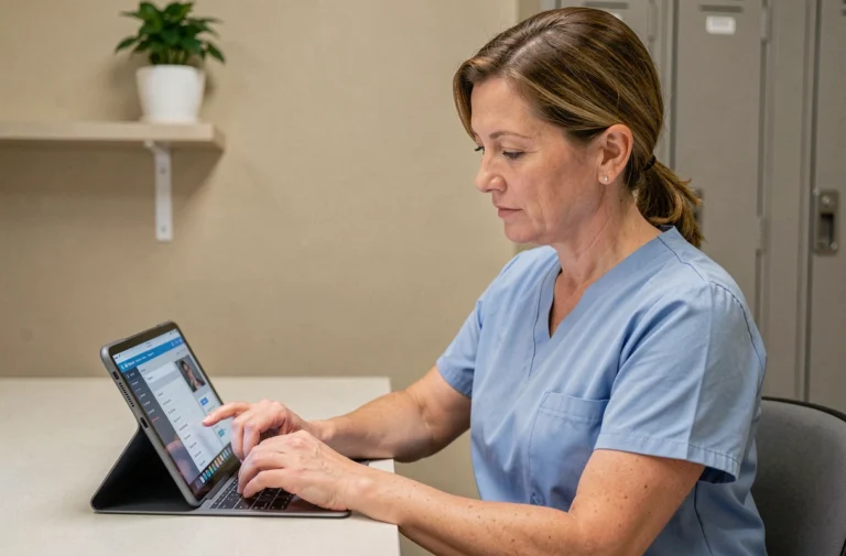 Infirmière en blouse médicale bleue se connectant à l'application Netsoins sur une tablette dans une salle de pause d'établissement de soins