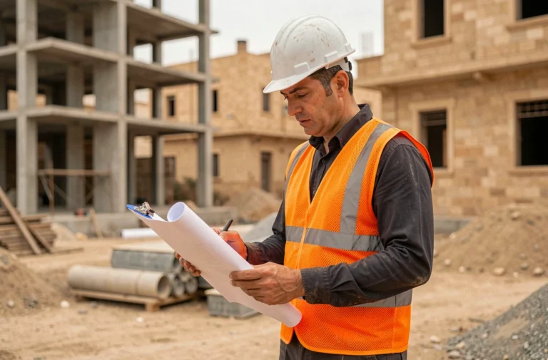 Ingénieur de chantier consultant des plans à Constantine, Algérie, avec structures en béton en construction visibles en arrière-plan