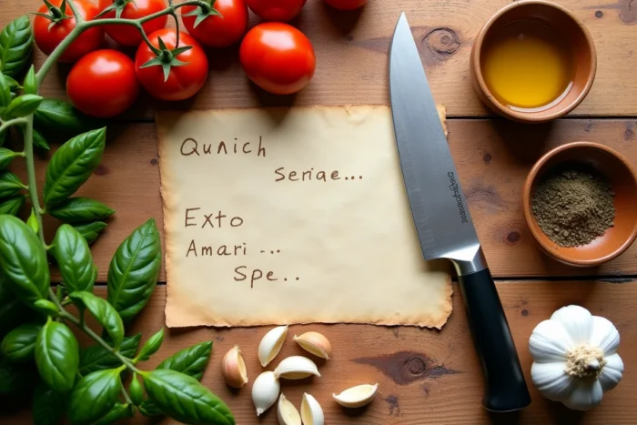 Vue du dessus d'ingrédients frais et d'ustensiles de cuisine disposés sur une table en bois pour préparer une recette maison