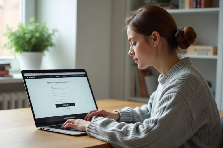 Jeune femme s'inscrivant sur une application web depuis son bureau à domicile, étape d'inscription en ligne