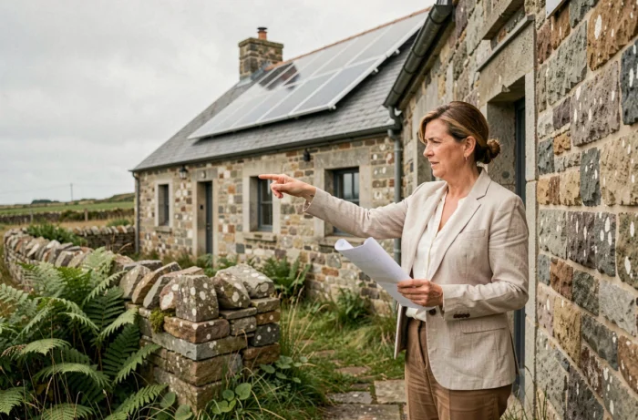 Femme consultant des plans d'architecture devant une ferme bretonne en pierre en cours de rénovation écologique avec panneaux solaires sur le toit en ardoise