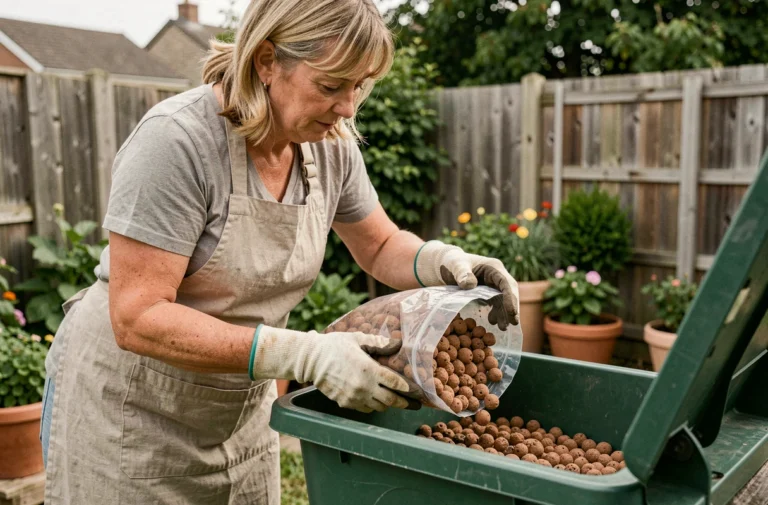 Femme en tablier de jardinage vidant des billes d'argile dans un bac de collecte des déchets verts dans un jardin suburban