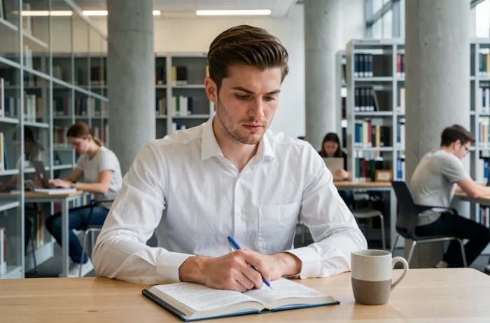 Jeune chercheur concentré dans une bibliothèque universitaire moderne étudiant la physique quantique, symbolisant le génie intellectuel et le QI exceptionnel
