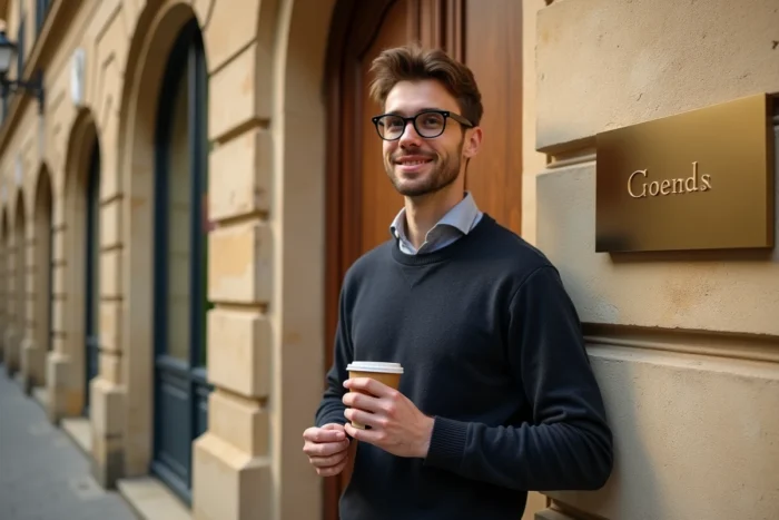 Jeune entrepreneur français devant les locaux de son entreprise dans un bâtiment historique en pierre à Bordeaux