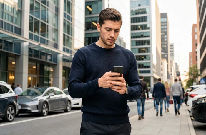 Jeune entrepreneur consultant les actualités économiques sur smartphone devant un quartier d'affaires contemporain en 2024