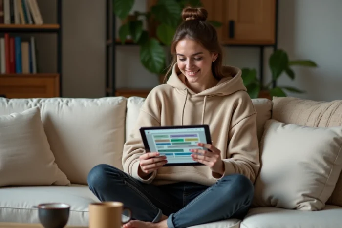 Jeune femme consultant un plan de site web sur une tablette dans un salon confortable