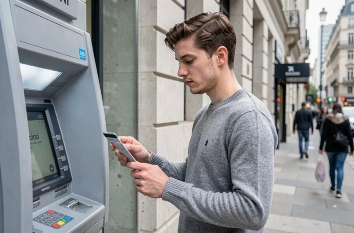Jeune homme utilisant sa carte de crédit à un distributeur automatique dans une rue urbaine