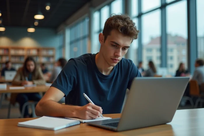 Jeune homme prenant des notes sur l'actualité en ligne dans une bibliothèque moderne