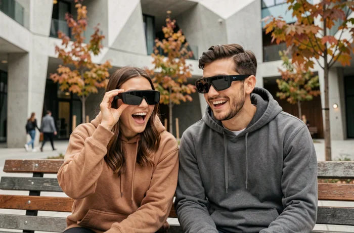 Deux jeunes adultes testant des lunettes de réalité augmentée en extérieur sur un campus technologique, tendances numériques 2024
