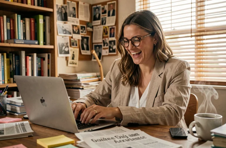 Femme journaliste amusée lisant une actualité insolite sur son ordinateur portable dans un bureau encombré de coupures de presse