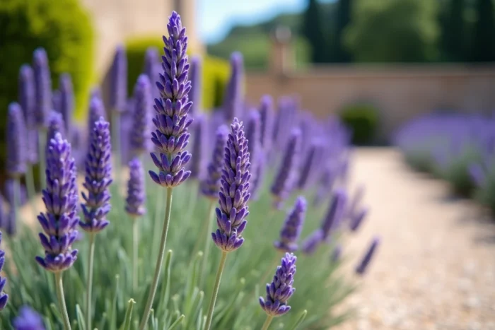 Plant de lavande vraie (Lavandula angustifolia) en pleine floraison avec ses épis de fleurs bleu-violet profond et feuillage argenté dans un jardin provençal en gravier calcaire