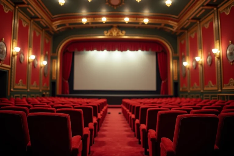 Salle de cinéma vintage avec des sièges en velours rouge et une architecture dorée évoquant l'âge d'or d'Hollywood