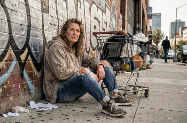 Femme sans-abri assise sur un trottoir urbain à Los Angeles avec un chariot rempli d'affaires personnelles, illustration du parcours de Loni Willison