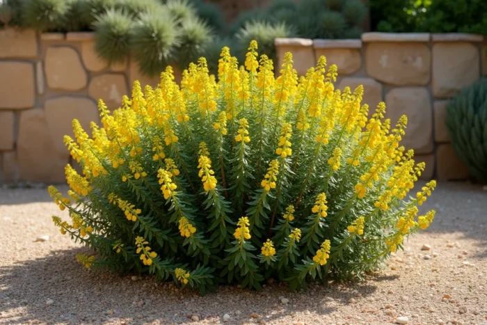 Arbuste de luzerne arborescente (Medicago arborea) en fleurs avec ses petites fleurs jaunes vif et son feuillage argenté dans un jardin méditerranéen rocailleux