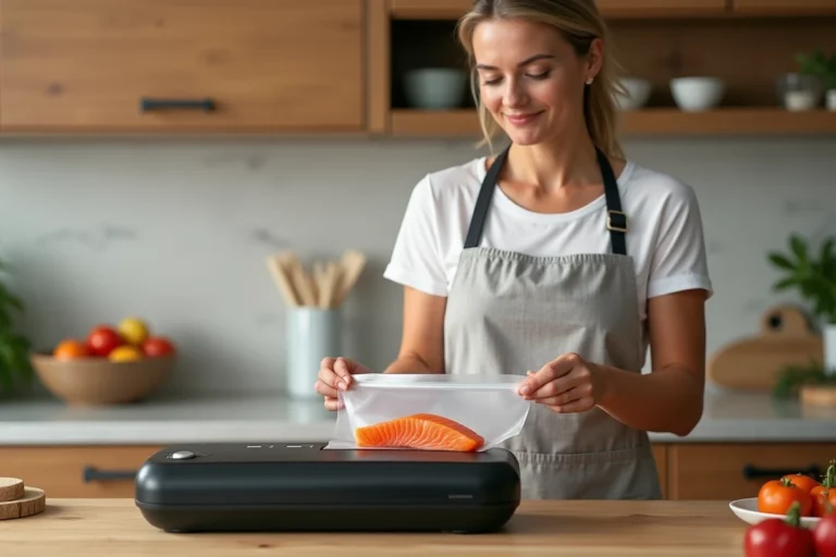 Femme utilisant la machine sous vide Crenova VS100S pour emballer du saumon frais dans une cuisine moderne en bois naturel