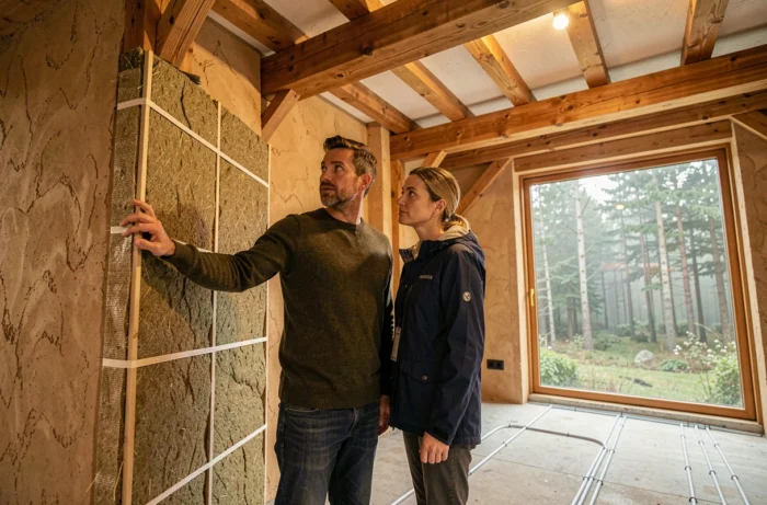 Couple inspectant l'intérieur d'une maison à ossature bois à faible consommation énergétique avec isolation en chanvre et enduit en argile en Bretagne