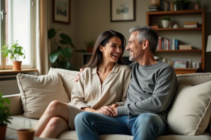 Couple souriant dans un appartement parisien chaleureux, évoquant la vie personnelle et familiale de la journaliste Margot Haddad