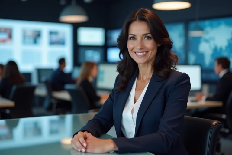 Portrait professionnel d'une journaliste brune souriante dans un studio de télévision moderne, illustrant un article sur Margot Haddad