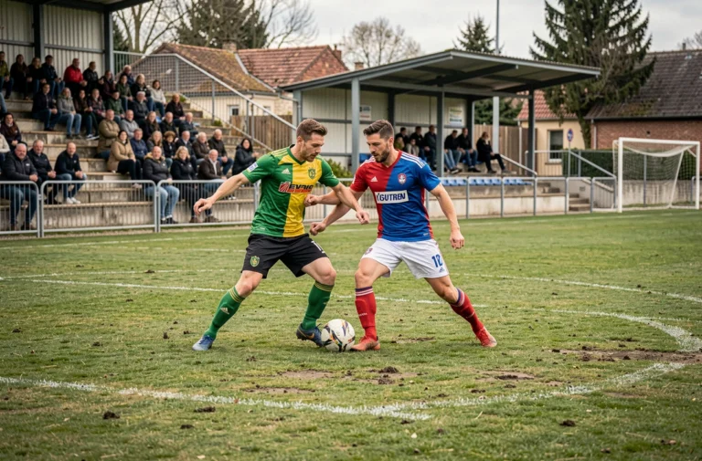 Match de football amateur en district Haute-Saône, deux joueurs en duel sur un terrain municipal lors d'une rencontre de la saison 2026