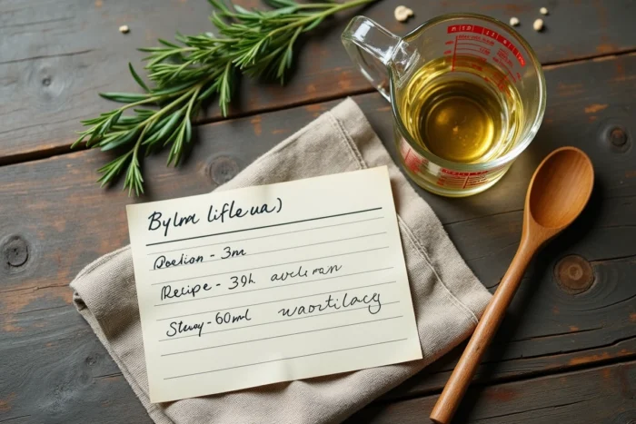 Vue de dessus d'un verre doseur à 60 ml, d'un récipient gradué en centilitres et d'une fiche recette manuscrite sur une table en bois rustique