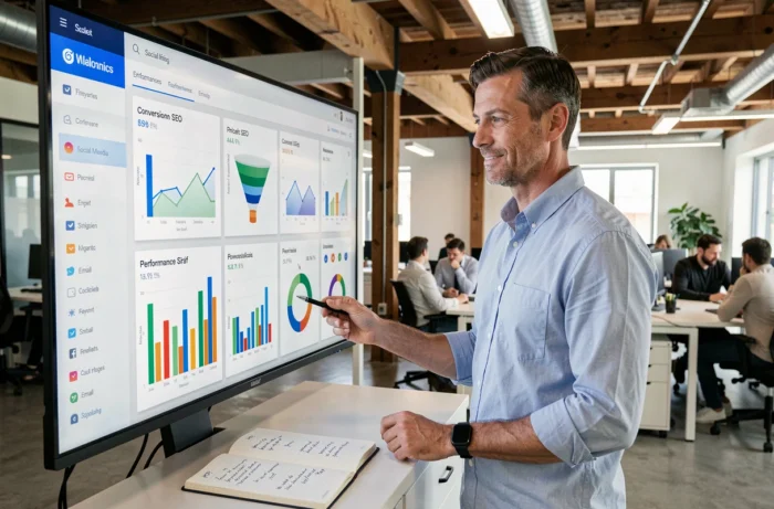 Un analyste web évalue les performances de chaque canal marketing sur un tableau de bord multi-canal pour optimiser ses efforts de visibilité en ligne