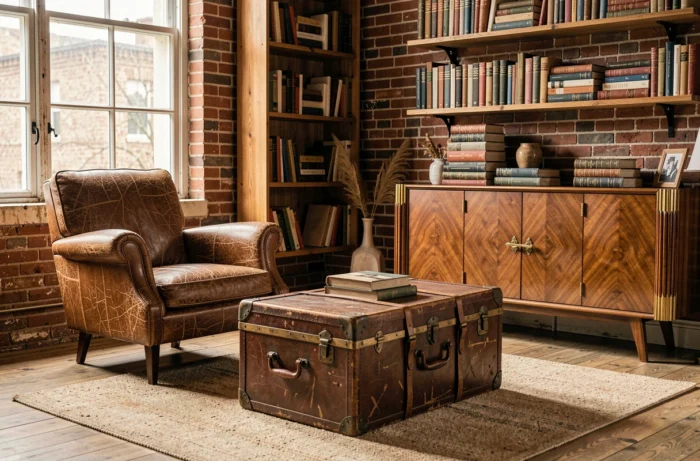 Meubles chinés et de seconde main harmonieusement disposés dans un salon bohème avec armoire art déco et fauteuil vintage