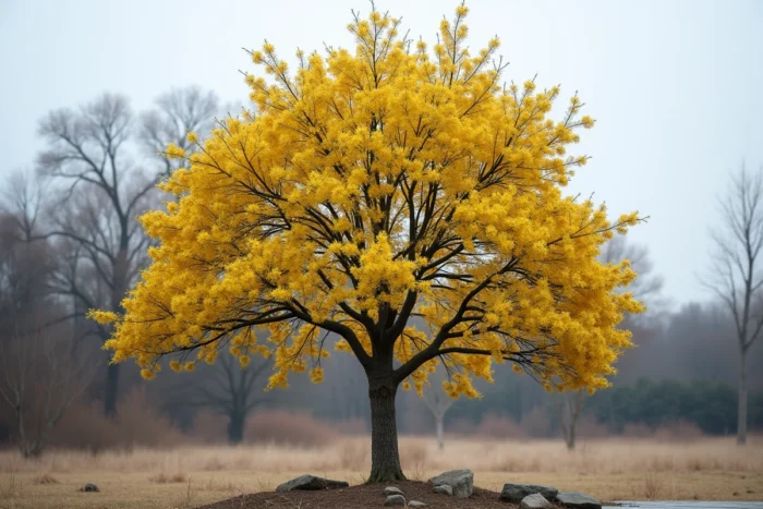 Jeune mimosa d'hiver (Acacia dealbata) en pleine floraison hivernale couvert de pompons dorés sphériques sur fond de ciel pâle avec son feuillage bleu-gris plumeux