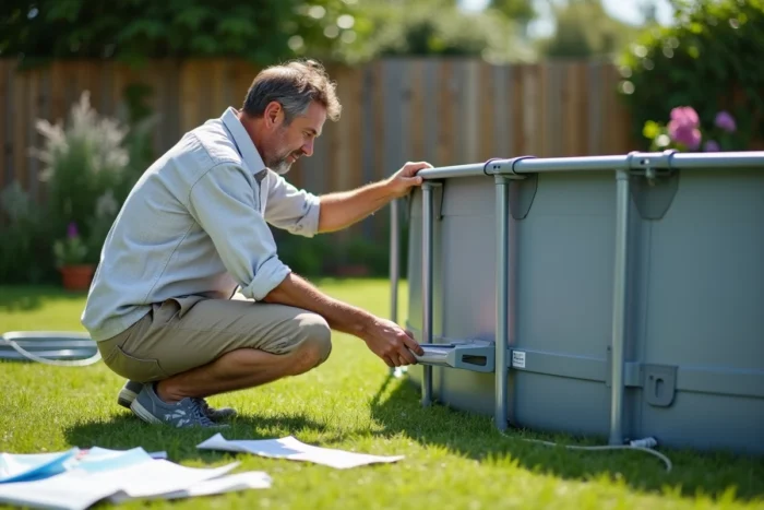 Homme assemblant les pieds métalliques d'une piscine Intex Metal Frame dans son jardin lors de l'installation