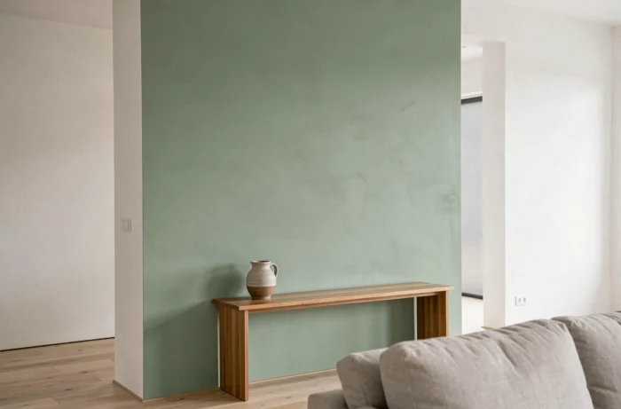 Mur d'accent peint en vert sauge mat avec peinture à faibles COV dans un salon minimaliste