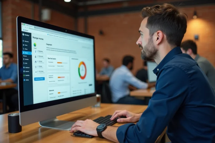Homme naviguant sur une application web dans un espace de coworking, tableau de bord et menus de navigation