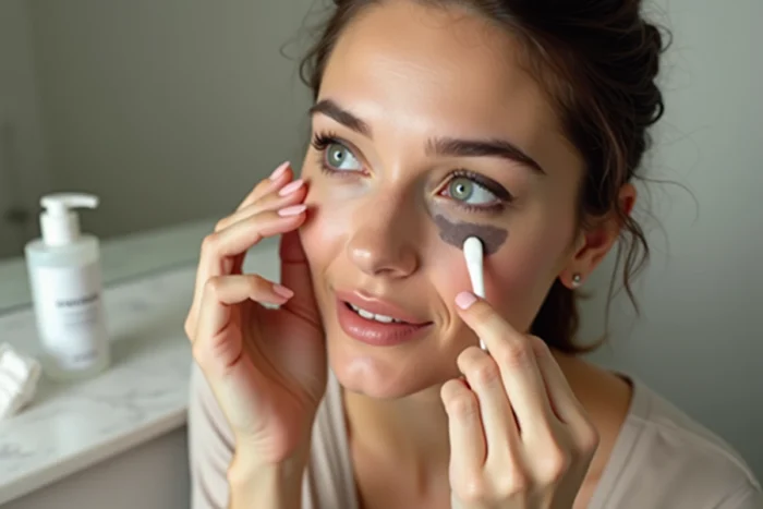 Femme nettoyant une bavure de fard sous l'œil avec un coton-tige imbibé d'eau micellaire