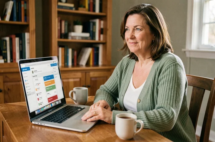 Une femme rédige et planifie une newsletter ciblée depuis son bureau pour fidéliser son audience avec un outil d'emailing professionnel