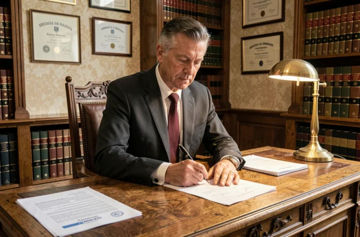 Notaire signant un acte de vente immobilier dans son étude traditionnelle française, évoquant les transactions du marché immobilier en France