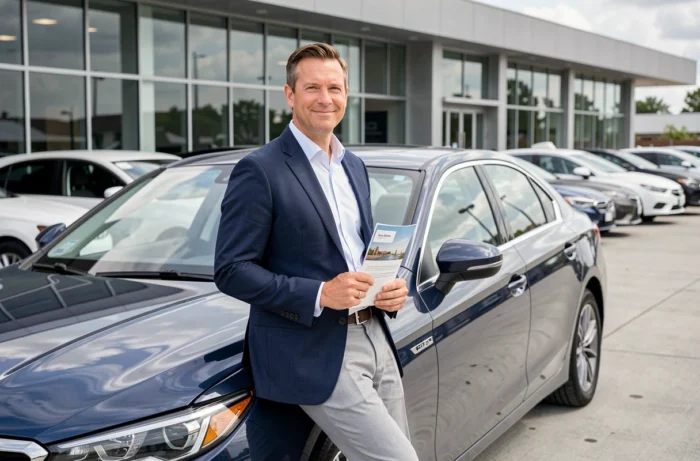 Homme en blazer marine souriant appuyé contre une voiture neuve dans un concessionnaire automobile moderne