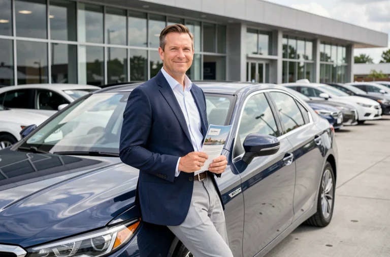Homme en blazer marine souriant appuyé contre une voiture neuve dans un concessionnaire automobile moderne
