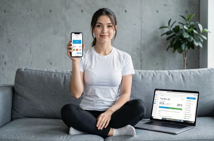 Une développeuse analyse les performances de chargement d'un site mobile sur smartphone et ordinateur portable à l'aide d'outils de mesure de vitesse