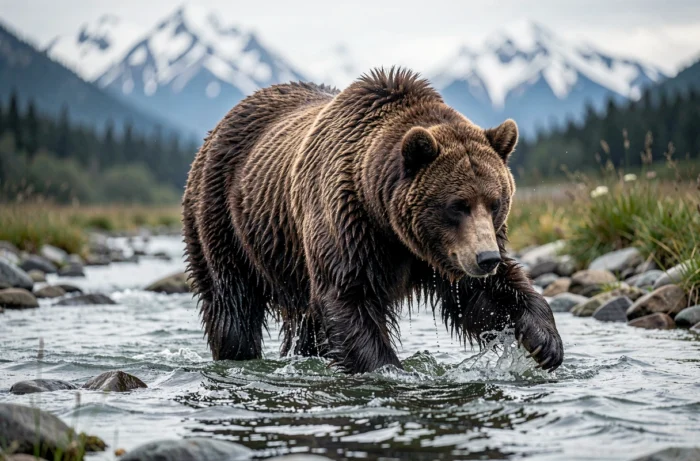 Ours Kodiak massif traversant une rivière d'Alaska avec des montagnes enneigées en arrière-plan