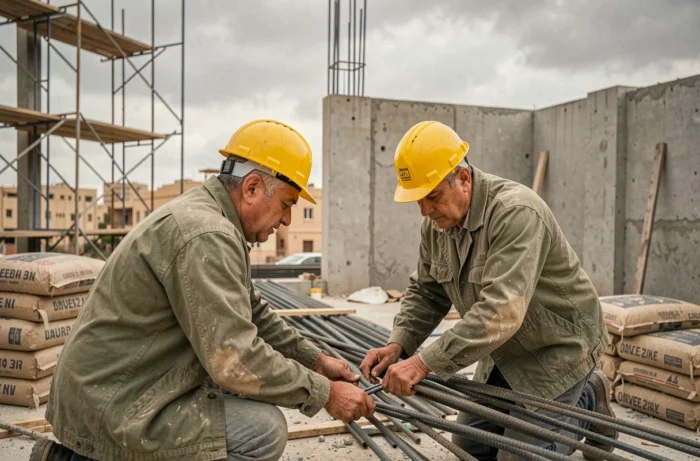 Ouvriers posant des armatures en béton armé sur un chantier de construction à Constantine, avec échafaudages et matériaux de construction visibles