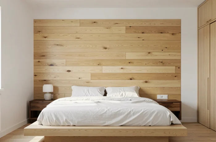 Panneaux bois naturel sans formaldéhyde en tête de lit dans une chambre Japandi apaisante avec literie blanche