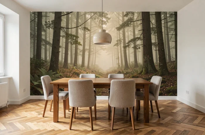 Papier peint panoramique forêt brumeuse sur un pan de mur dans une salle à manger élégante