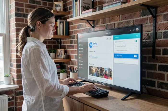 Femme paramétrant une application IPTV sur un téléviseur TCL dans un bureau à domicile avec menu de configuration visible