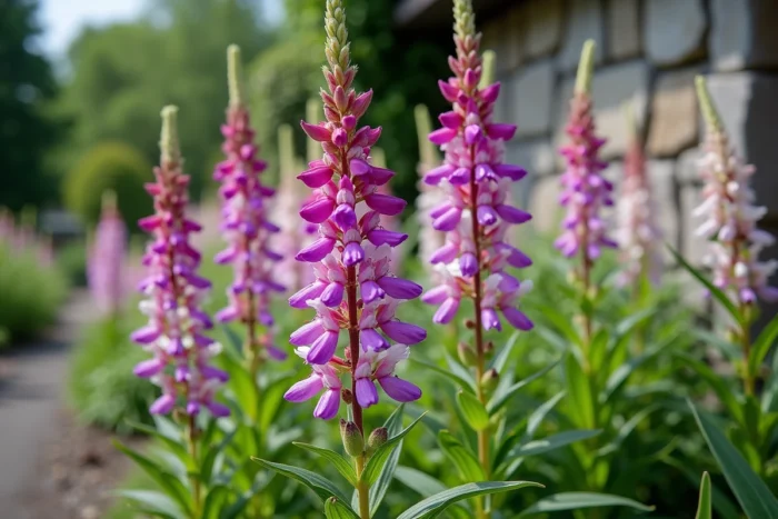 Plant de penstemon (Penstemon spp.) en floraison avec ses longs épis de fleurs tubulaires bilabiées violet-magenta dans une bordure de jardin ensoleillée