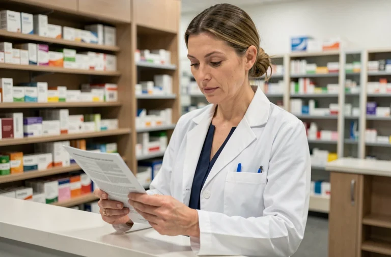 Pharmacienne en blouse blanche professionnelle dans une pharmacie moderne, illustrant le choix de blouse selon le métier