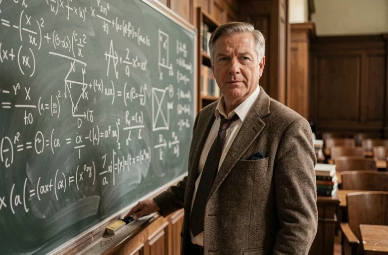 Physicien théoricien devant un tableau noir couvert d'équations dans une salle de cours universitaire vintage, évoquant le génie d'Oppenheimer