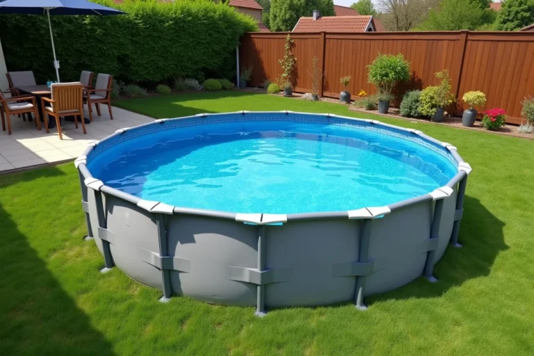Piscine Intex Metal Frame ronde installée dans un jardin résidentiel avec pelouse verte et mobilier de jardin