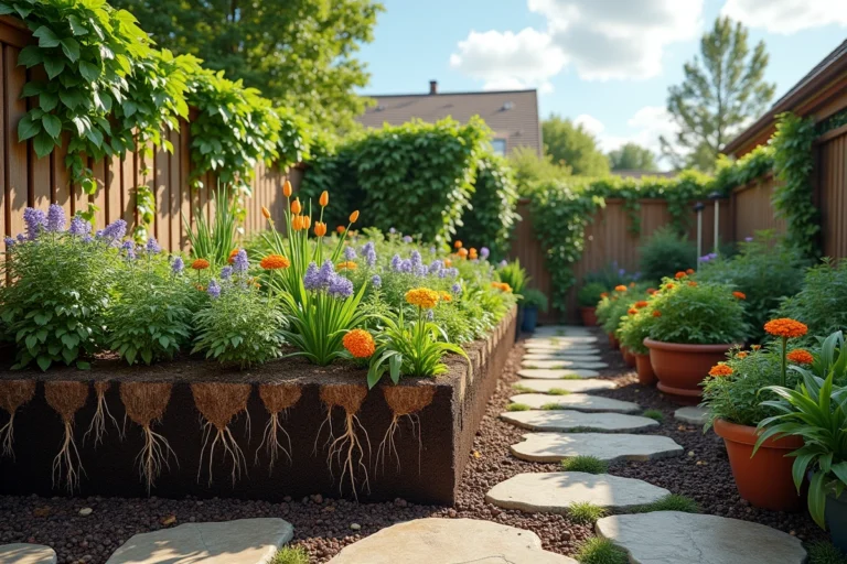 Vue grand angle d'un jardin résidentiel luxuriant avec une coupe transversale du sol révélant des racines profondes de diverses plantes vivaces et arbustives